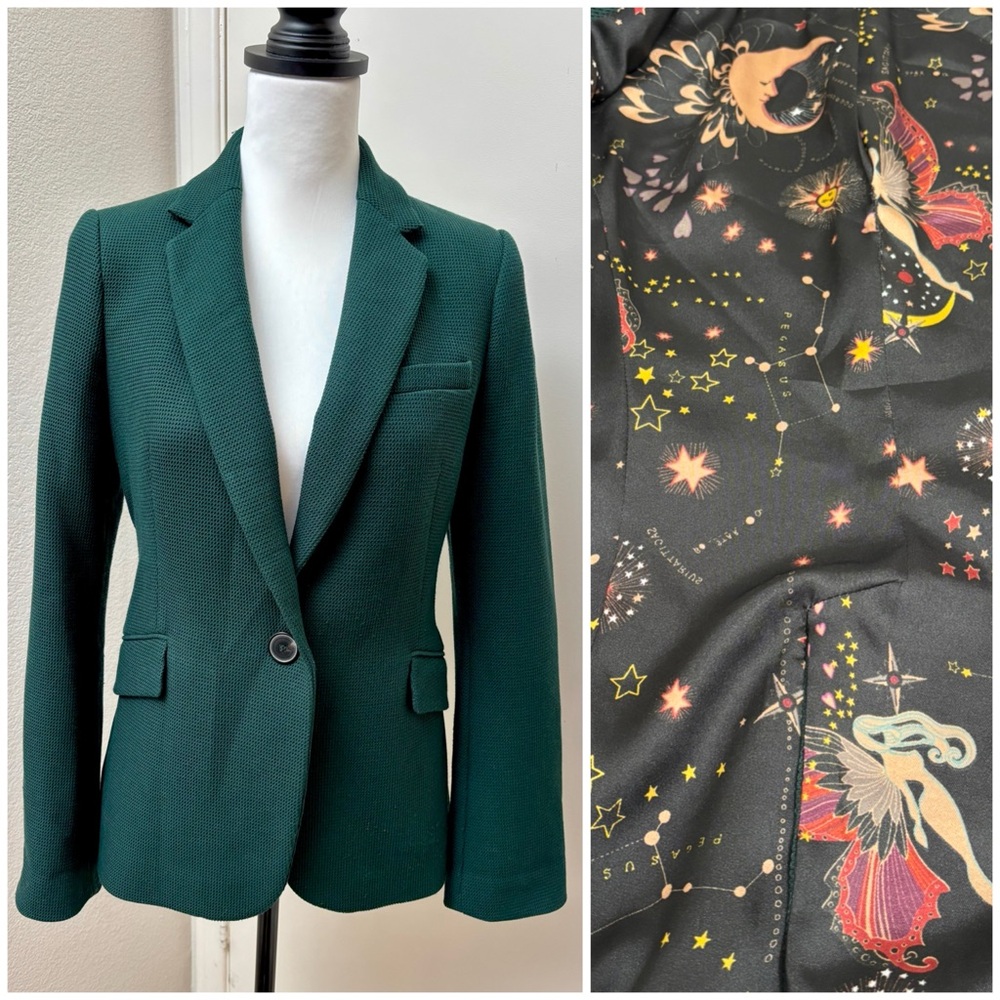 Zara forest green textured blazer celestial interior lining size medium M